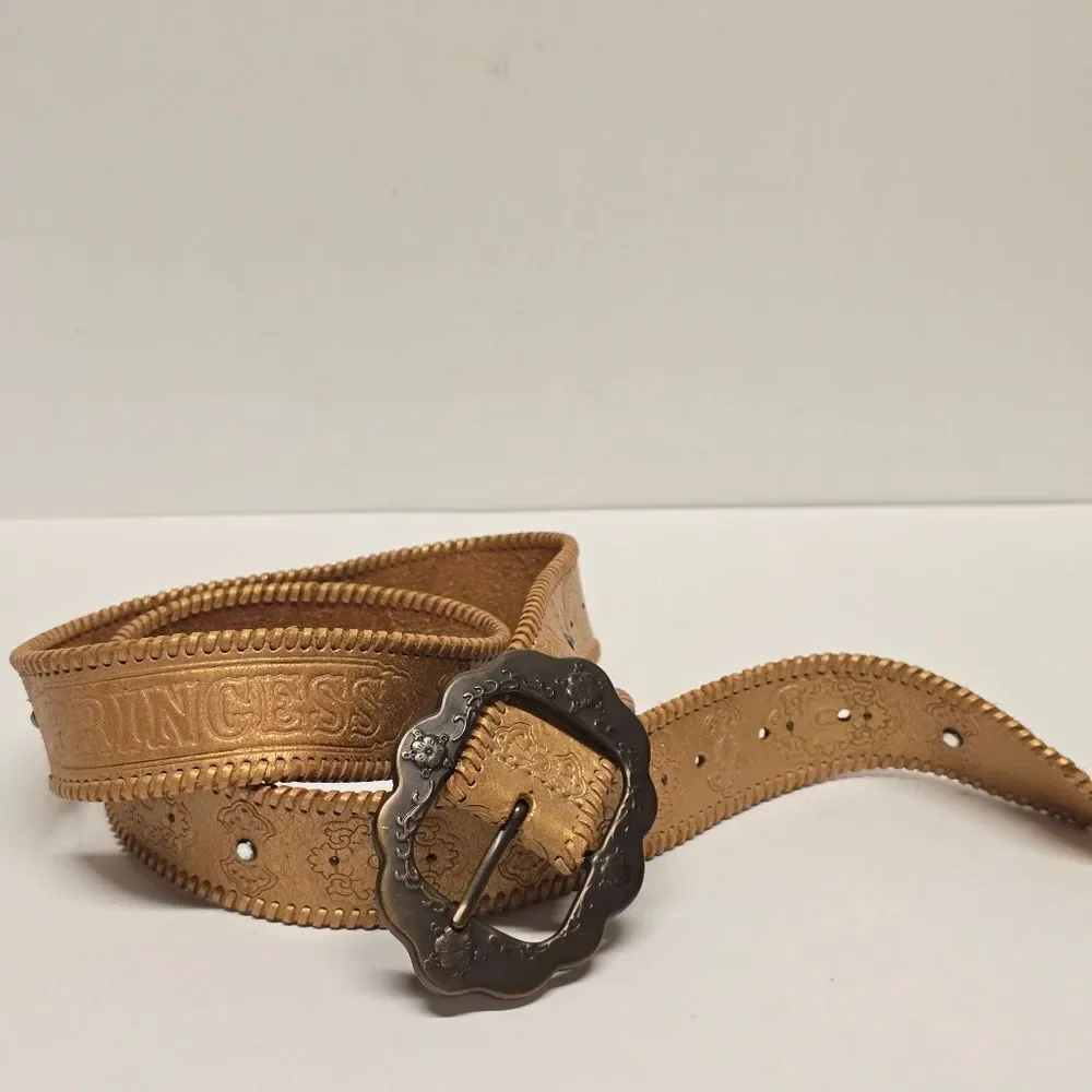 Fossil Gold Leather Princess Embossed Studded Rhinestone Embellished Belt Size L